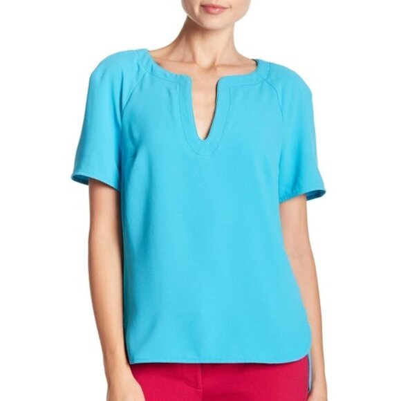 Trina Turk Pearle Split-Neck Short Sleeve Top, Skinny Dip Turquoise - Picture 1 of 2